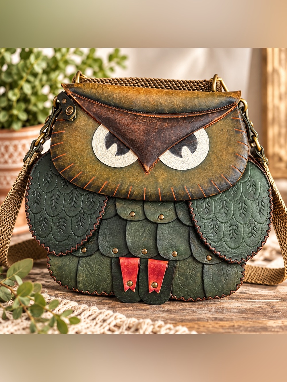 Handmade Tooled Leather Owl Crossbody Bag Green Boho Folk Art Purse